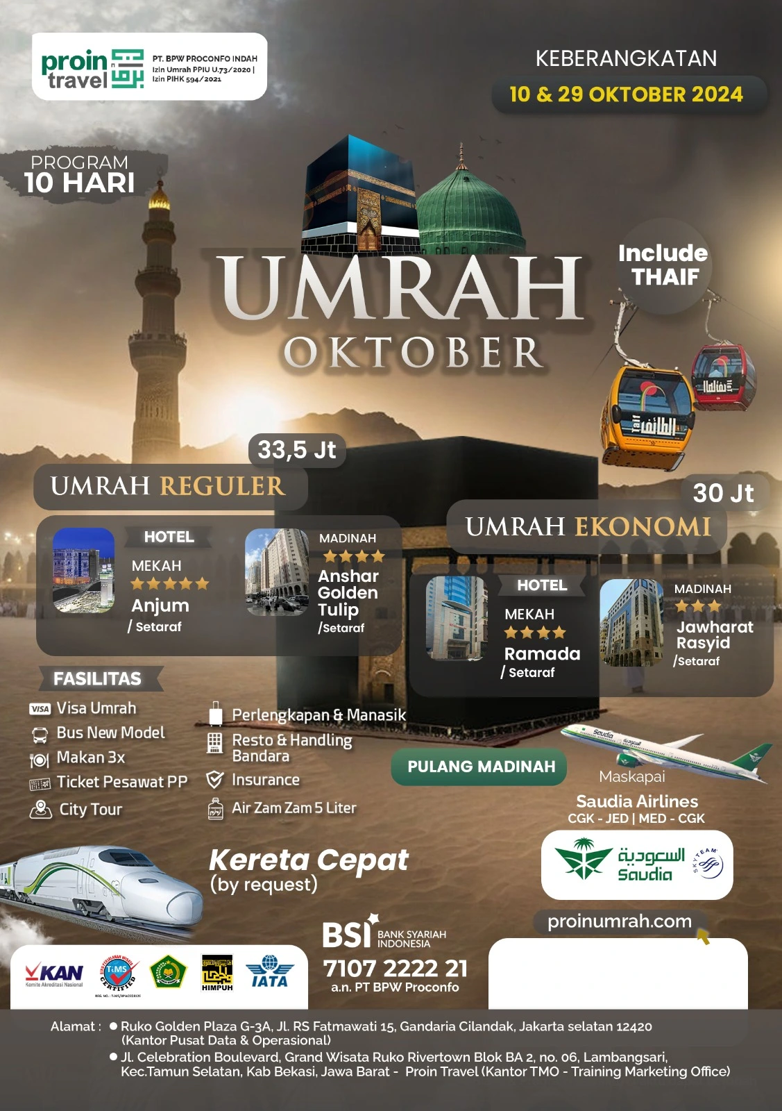 UMRAH 10 & 29 OKTOBER 2024 PROIN TRAVEL