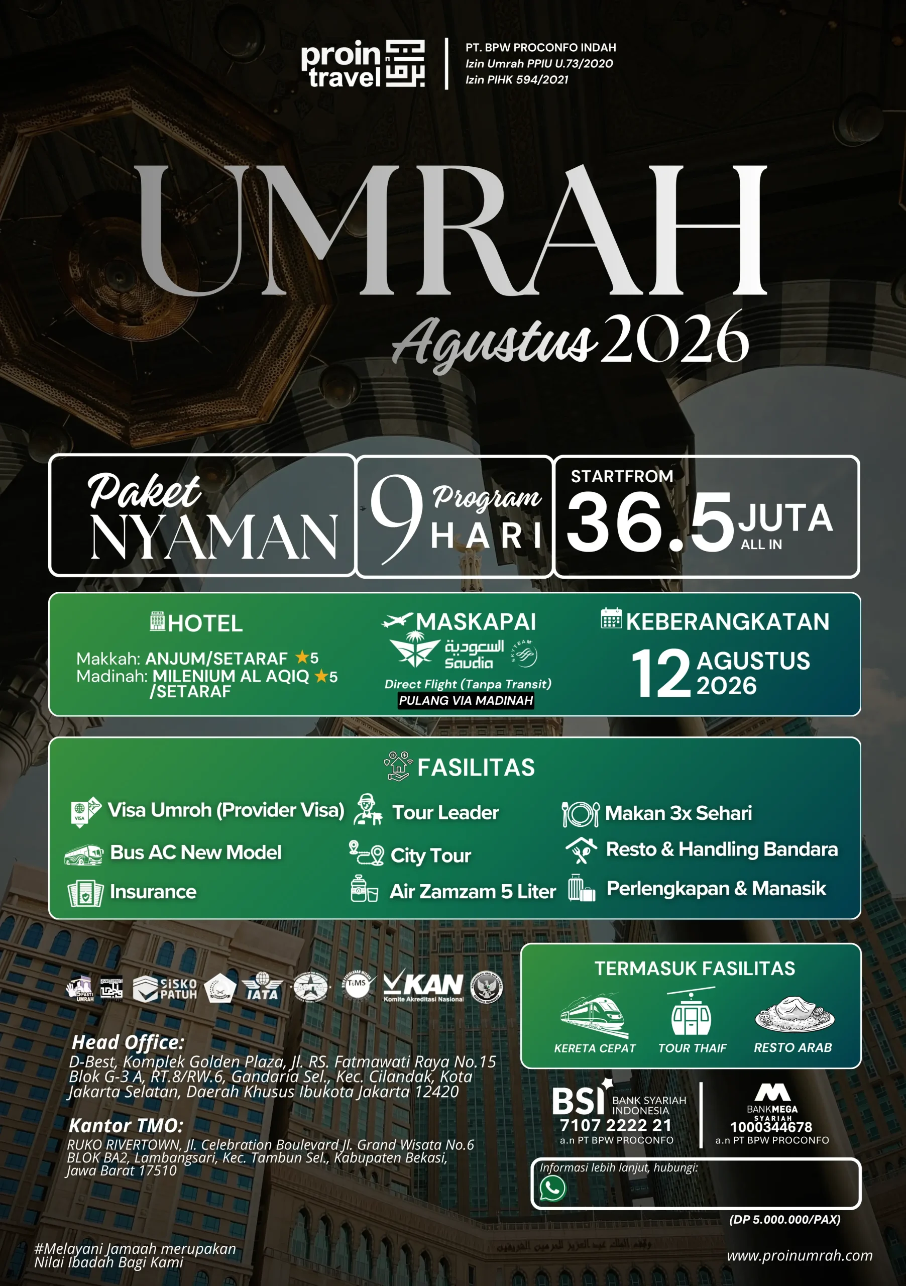 Brosur Paket Umroh Promo 12 Agustus 2026 Proin Travel Fasilitas Hotel Bintang 5 dan Kereta Cepat
