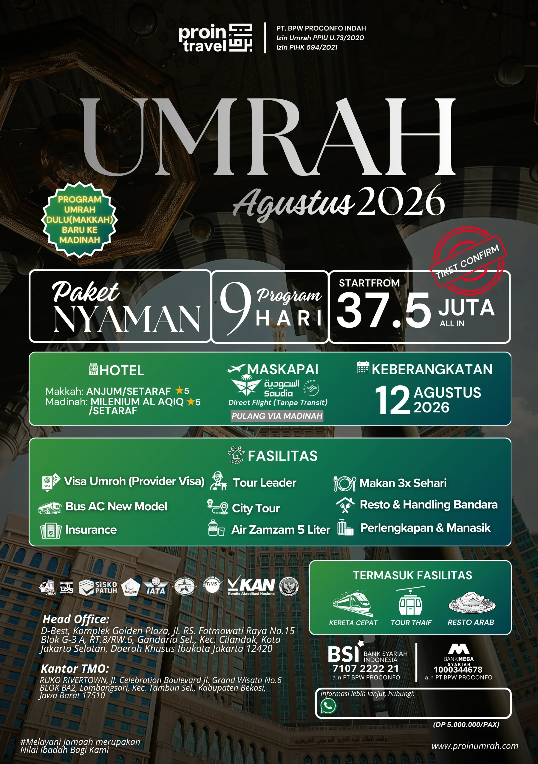Brosur Paket Umroh Promo 12 Agustus 2026 Proin Travel Fasilitas Hotel Bintang 5 dan Kereta Cepat