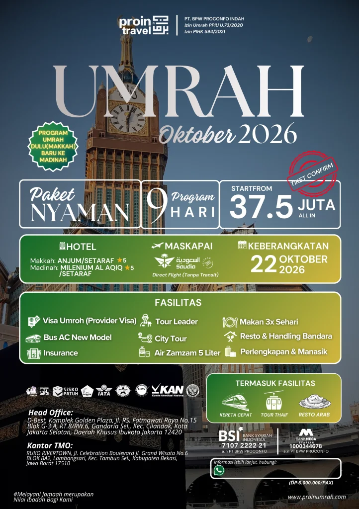 Flayer Paket Umrah Oktober 2026 direct flight Saudia Airlines bersama Proin Travel