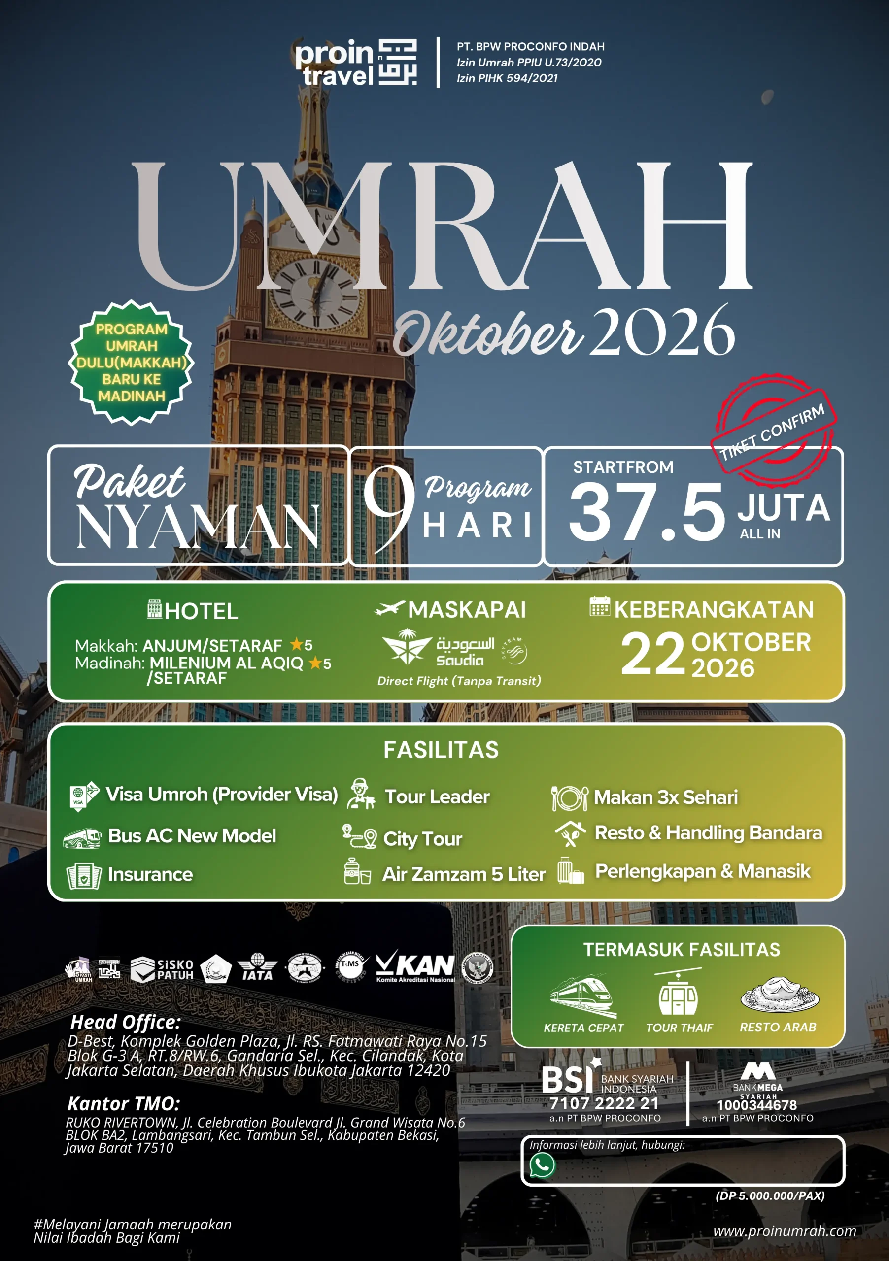 Flayer Paket Umrah Oktober 2026 direct flight Saudia Airlines bersama Proin Travel