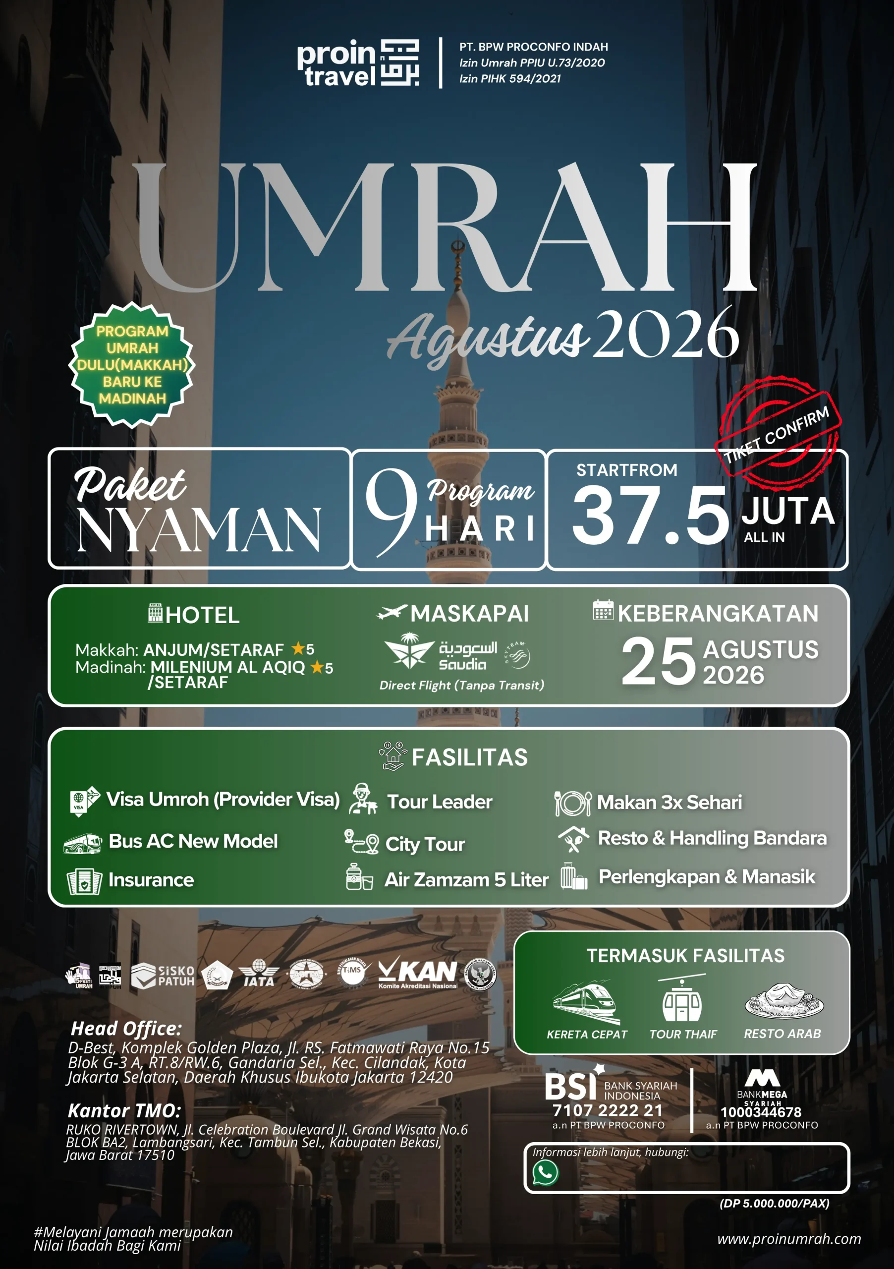 Brosur Paket Umroh Promo Agustus 2026 Proin Travel Penerbangan Langsung Saudia Airlines