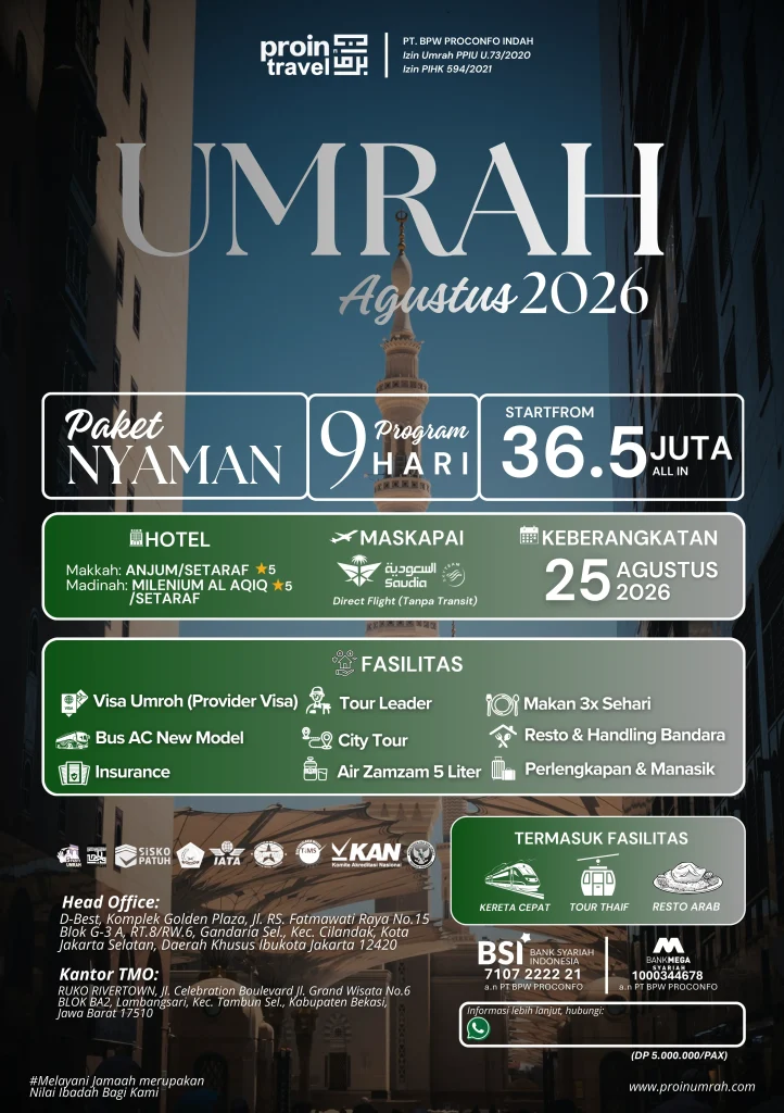 Brosur Paket Umroh Promo Agustus 2026 Proin Travel Penerbangan Langsung Saudia Airlines
