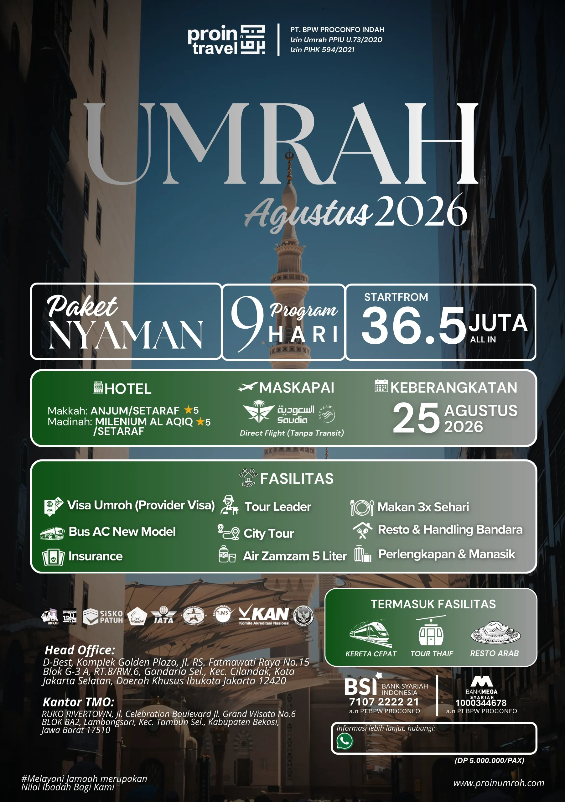 Brosur Paket Umroh Promo Agustus 2026 Proin Travel Penerbangan Langsung Saudia Airlines